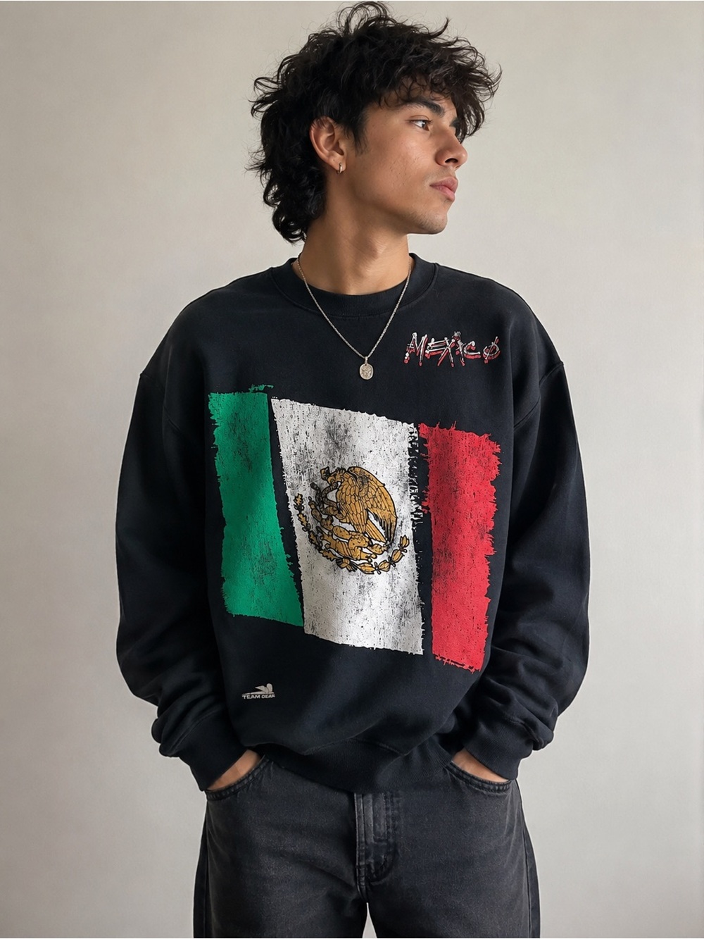 Y2K Mexico Flag Graphic Crewneck Sweatshirt Black Size M